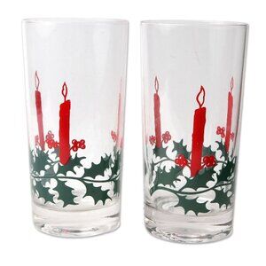 Vintage Daytons Christmas Drink Glasses Tumbler Highball Candle Holly Red Green